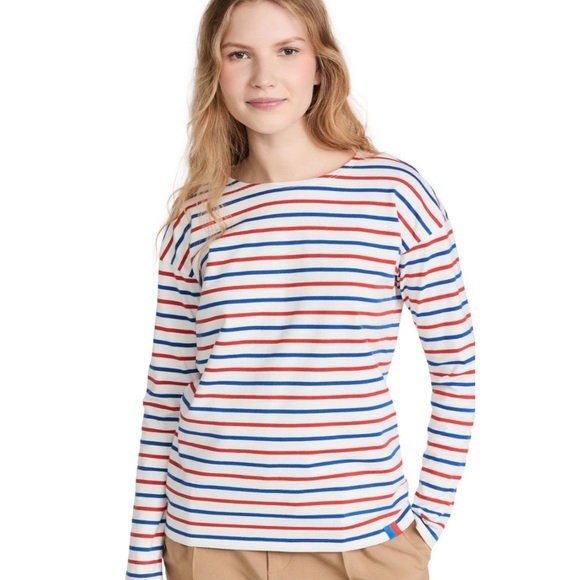 KULE Long Sleeve Boyfriend Breton Tee In True Blue Poppy Red Size S - Picture 1 of 6